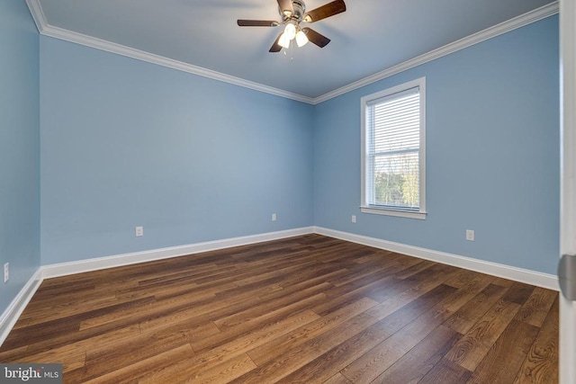 unfurnished room with ceiling fan, dark hardwood / wood-style flooring, and ornamental molding