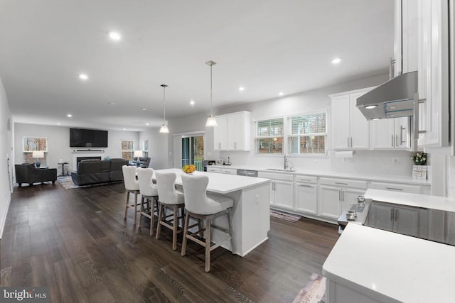 kitchen with dark hardwood / wood-style flooring, a kitchen island, exhaust hood, decorative light fixtures, and white cabinetry