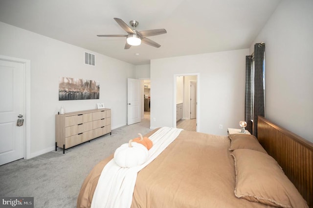 bedroom with light colored carpet and ceiling fan