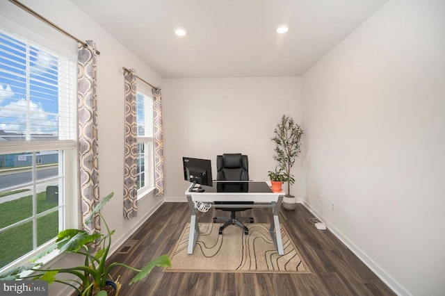 home office featuring plenty of natural light and dark wood-type flooring