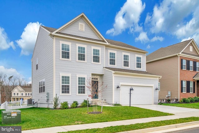 view of front of property featuring cooling unit, a front lawn, and a garage