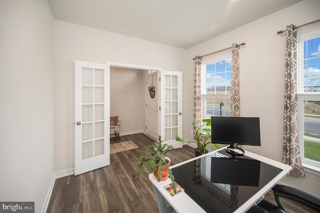 home office featuring french doors and dark wood-type flooring