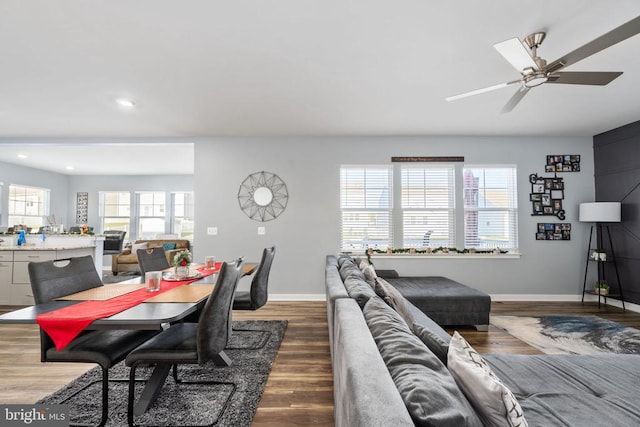 living room featuring ceiling fan, a healthy amount of sunlight, and dark wood-type flooring