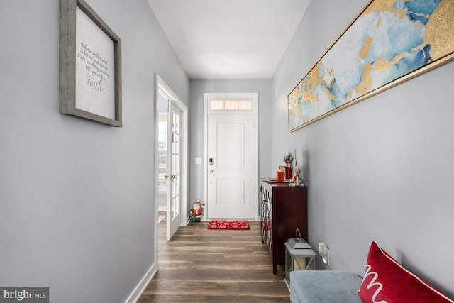 doorway to outside featuring dark wood-type flooring