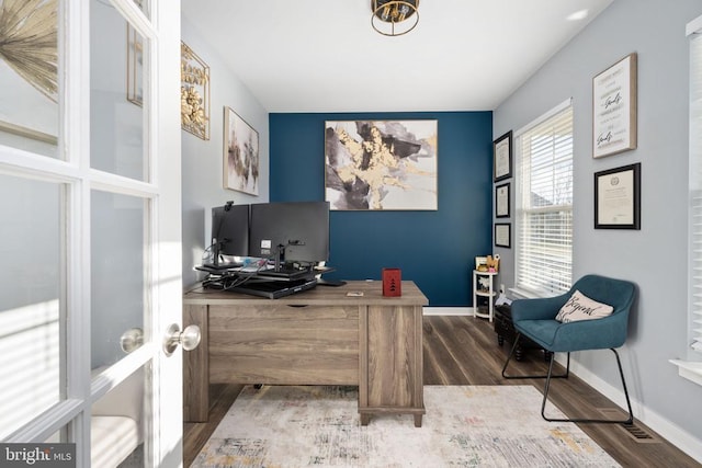 office space featuring dark wood-type flooring