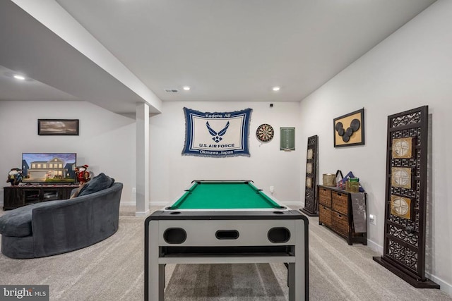 playroom featuring light colored carpet and pool table