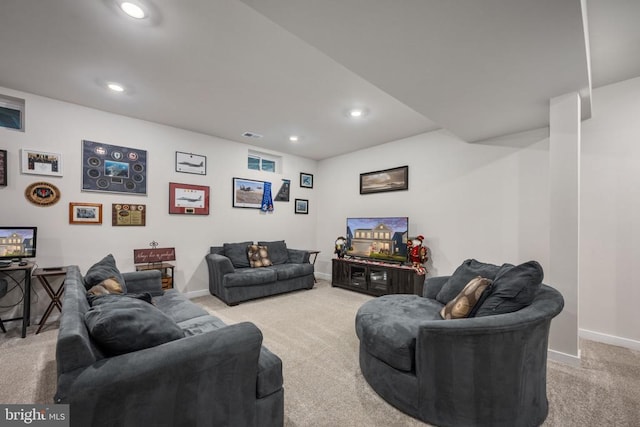 living room with light colored carpet