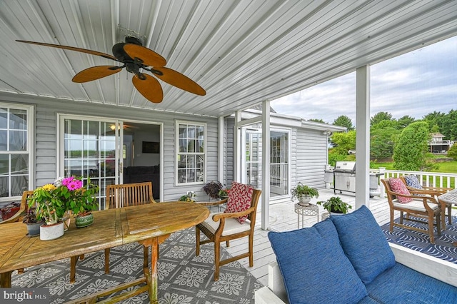 sunroom / solarium with ceiling fan and wooden ceiling