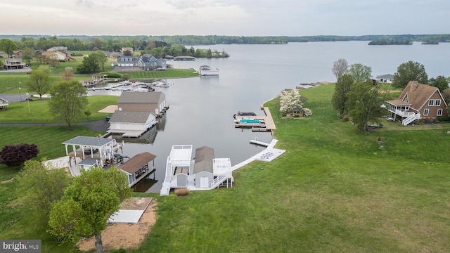 drone / aerial view featuring a water view