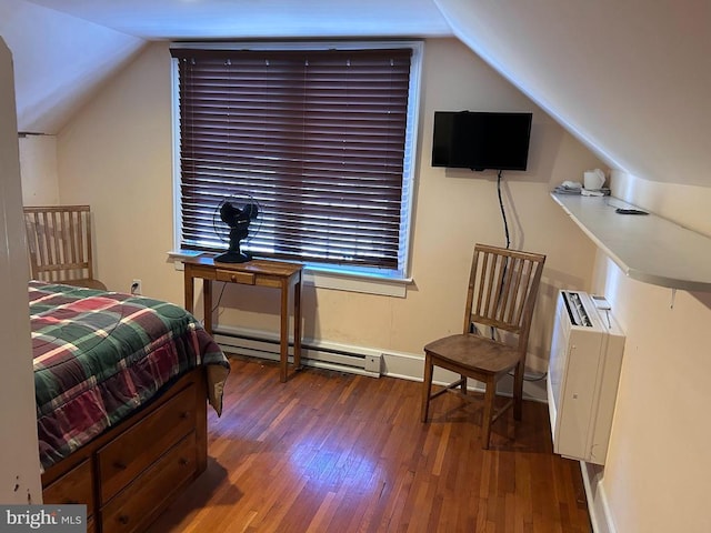 bedroom with a baseboard radiator, vaulted ceiling, and dark wood-type flooring