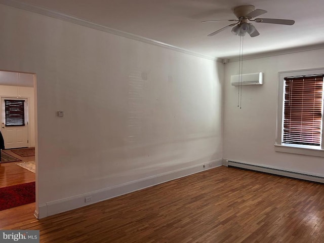 empty room with ceiling fan, wood-type flooring, an AC wall unit, and a baseboard radiator