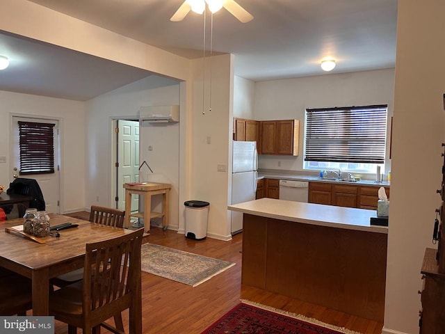 kitchen featuring a wall mounted air conditioner, white appliances, ceiling fan, sink, and wood-type flooring