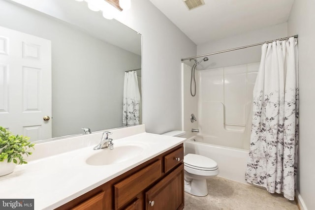 full bathroom with vanity, toilet, and shower / bathtub combination with curtain