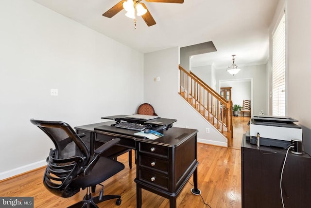 office with ceiling fan and light wood-type flooring