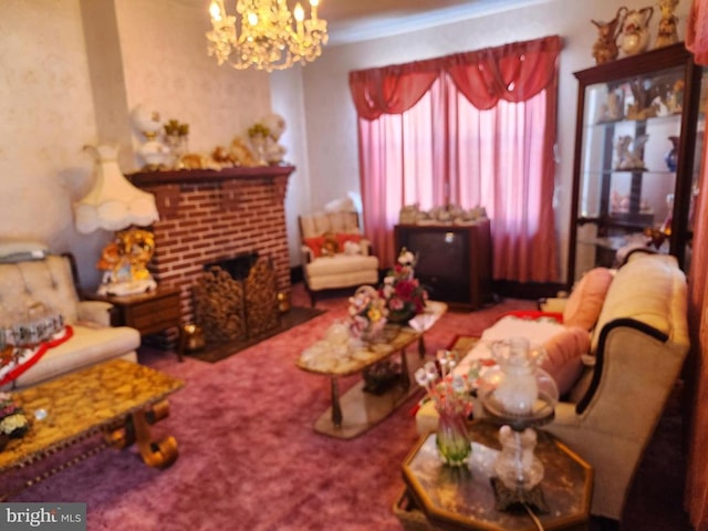 living room with a brick fireplace, carpet floors, and an inviting chandelier