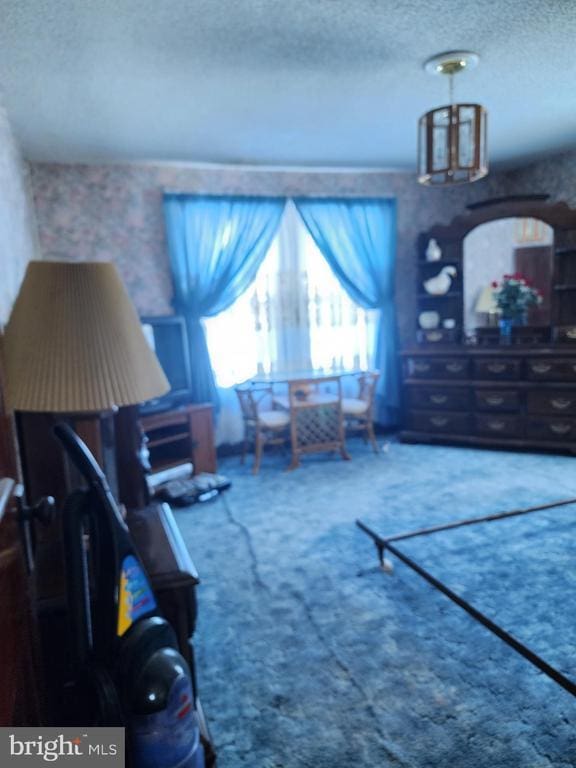 bedroom with a textured ceiling and carpet floors