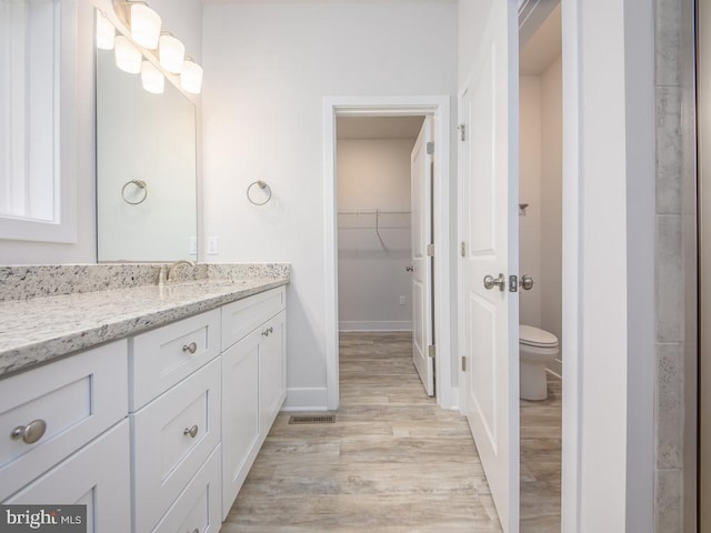 bathroom featuring hardwood / wood-style floors, vanity, and toilet