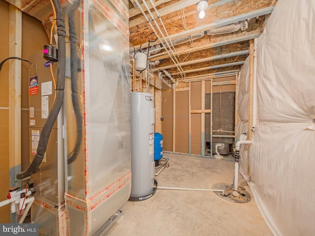 utility room featuring electric water heater and heating unit