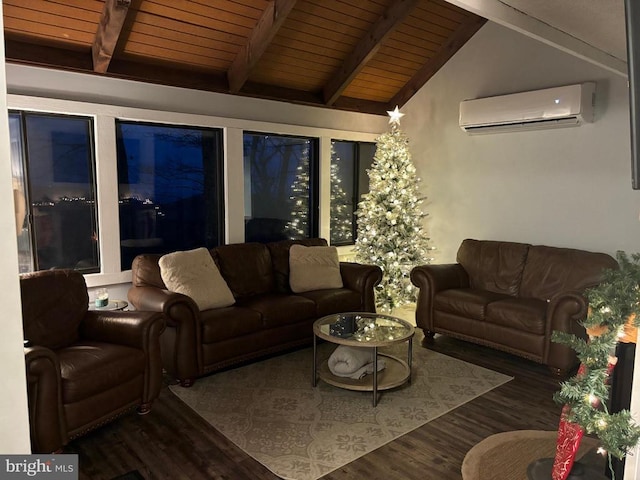 living room featuring a wall mounted AC, wooden ceiling, dark wood-type flooring, and vaulted ceiling with beams