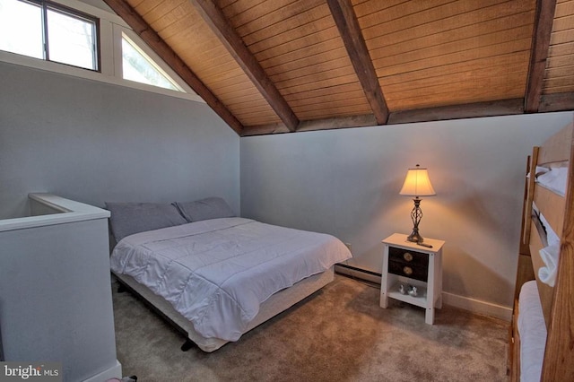 carpeted bedroom featuring vaulted ceiling with beams, wooden ceiling, and a baseboard heating unit