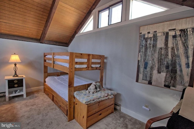 carpeted bedroom featuring vaulted ceiling with beams, wooden ceiling, and a baseboard radiator