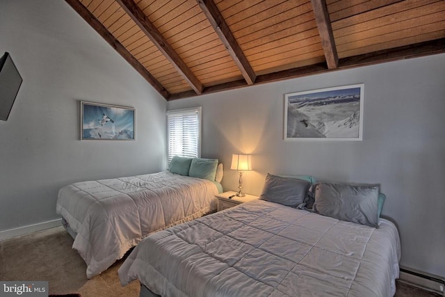 carpeted bedroom featuring wood ceiling, vaulted ceiling with beams, and a baseboard radiator