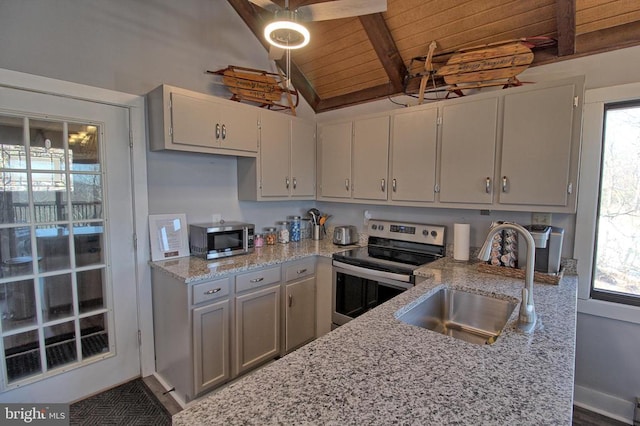 kitchen featuring plenty of natural light, sink, wooden ceiling, and stainless steel appliances