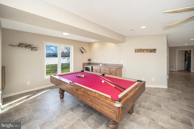 rec room with bar area, wine cooler, and pool table