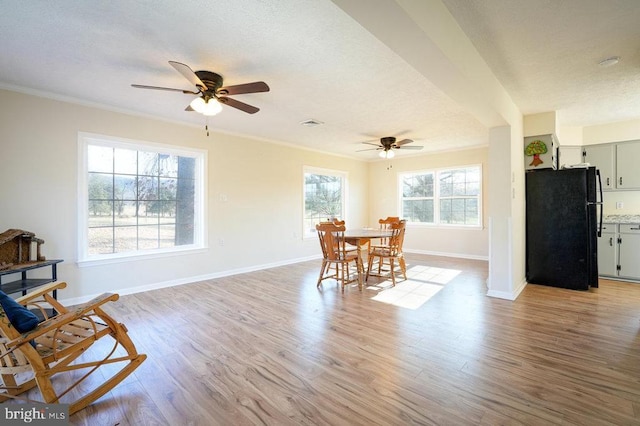 dining area with a wealth of natural light, crown molding, ceiling fan, and light wood-type flooring