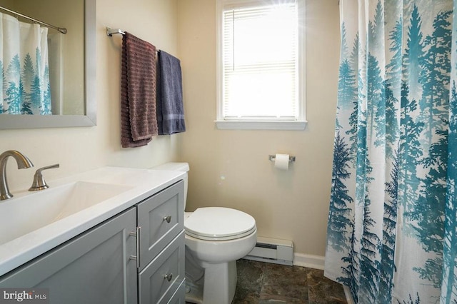 bathroom featuring a shower with shower curtain, vanity, toilet, and baseboard heating