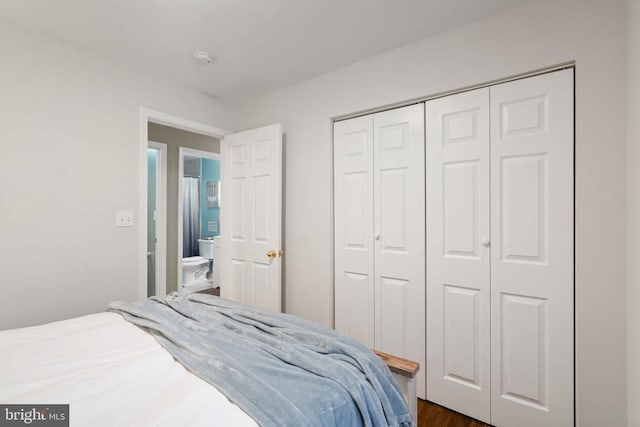 bedroom featuring dark wood-type flooring and a closet