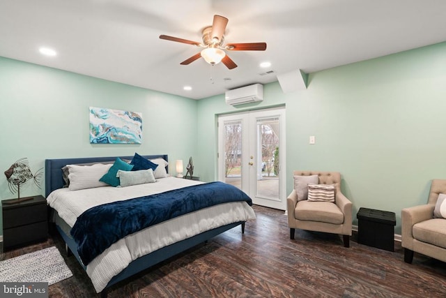 bedroom featuring access to exterior, ceiling fan, dark wood-type flooring, and a wall mounted air conditioner