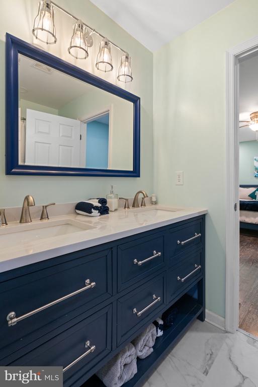 bathroom featuring hardwood / wood-style floors, vanity, and ceiling fan