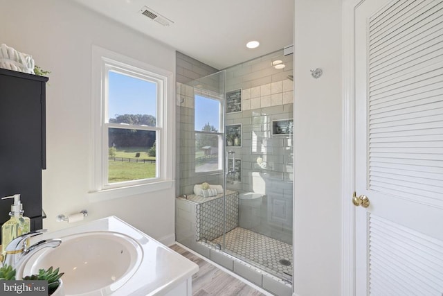 bathroom featuring plenty of natural light, a shower with door, wood-type flooring, and sink