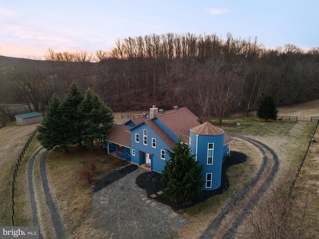 view of aerial view at dusk