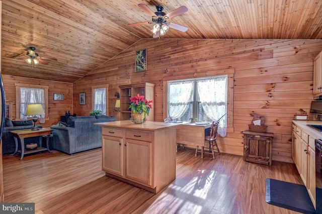 kitchen with lofted ceiling, light hardwood / wood-style floors, wooden walls, and wood ceiling