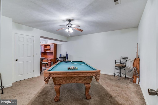 playroom with ceiling fan, light colored carpet, and billiards