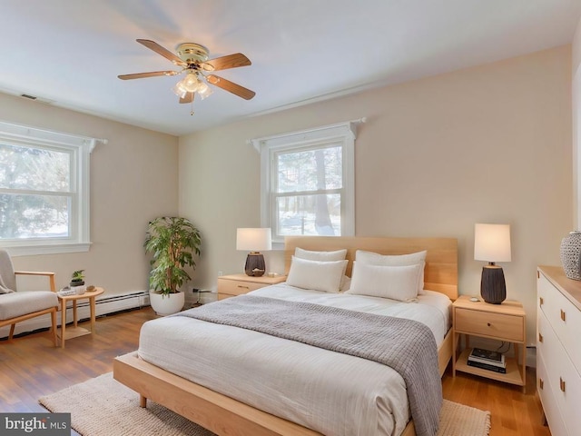 bedroom with ceiling fan and light hardwood / wood-style floors