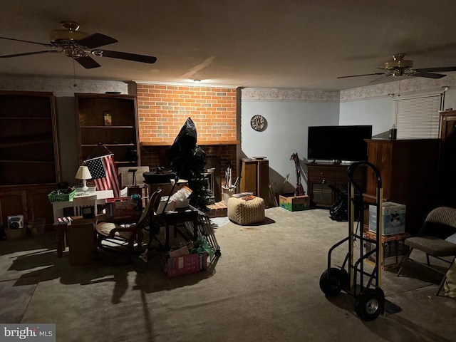 interior space with carpet and ceiling fan