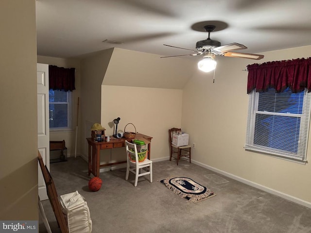 bonus room featuring carpet floors, ceiling fan, and lofted ceiling