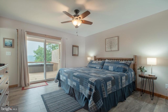 bedroom with access to exterior, ceiling fan, and light hardwood / wood-style floors