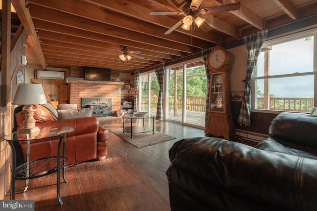 living room featuring beamed ceiling, wood-type flooring, and wood ceiling