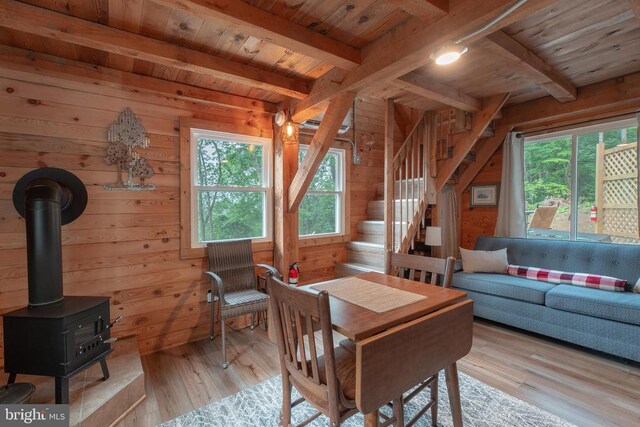 dining space featuring light wood-type flooring, a wood stove, wooden ceiling, and wood walls