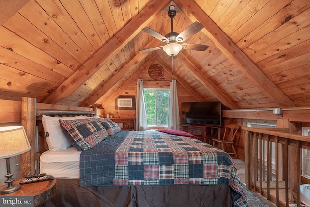 bedroom featuring a wall unit AC, ceiling fan, wooden walls, wooden ceiling, and vaulted ceiling with beams