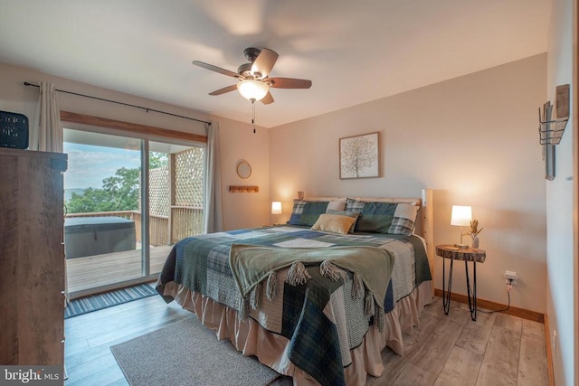 bedroom with access to outside, ceiling fan, and light hardwood / wood-style floors