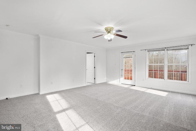 carpeted spare room with ceiling fan and ornamental molding