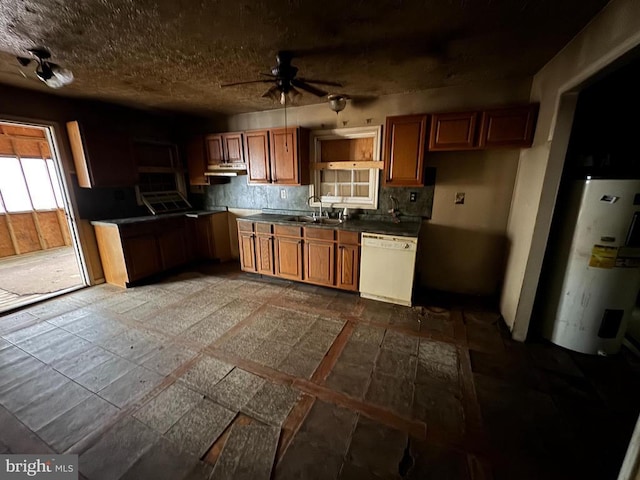 kitchen featuring decorative backsplash, ceiling fan, sink, water heater, and dishwasher