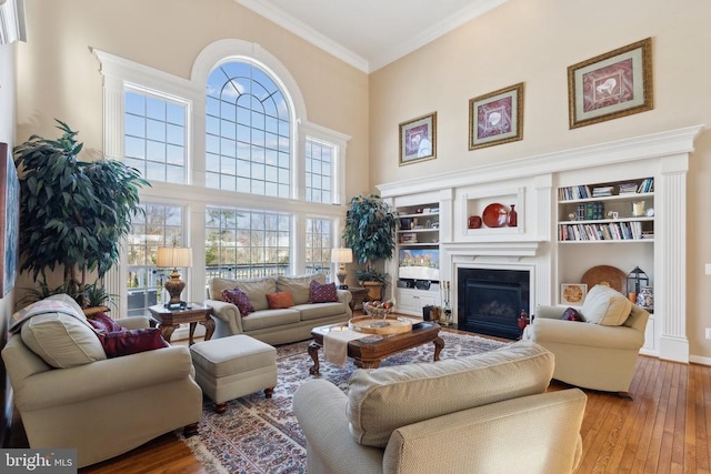 living room with wood-type flooring, crown molding, and a high ceiling