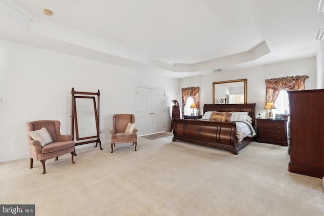 carpeted bedroom featuring a raised ceiling and a closet