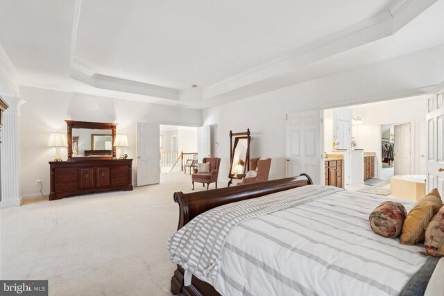 bedroom with crown molding, a tray ceiling, a walk in closet, light carpet, and a closet